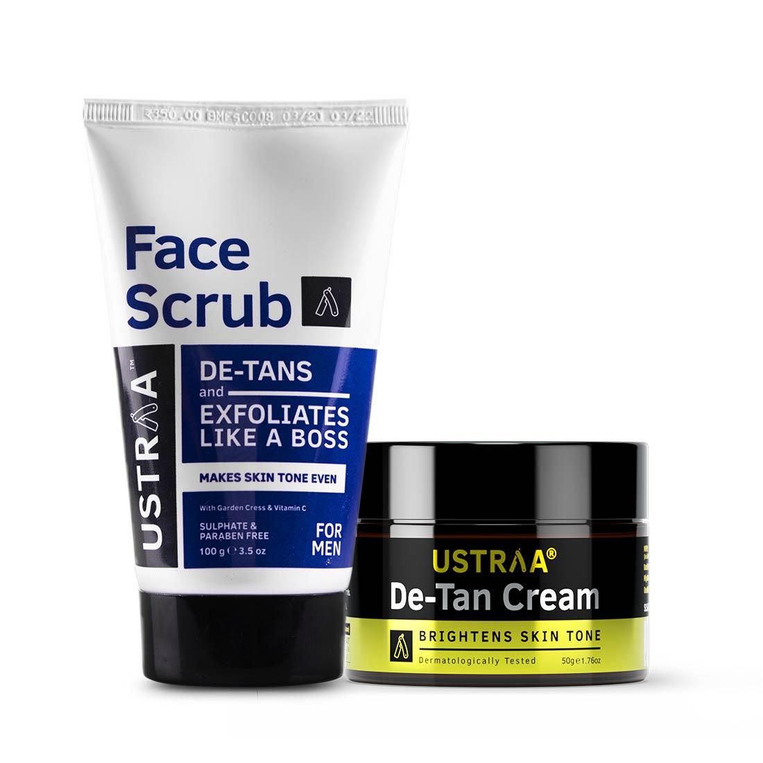 Ustraa Skin Brightening De-Tan Kit for Complete Care of Tan Removal with De-Tan Cream and Face Scrub for Men